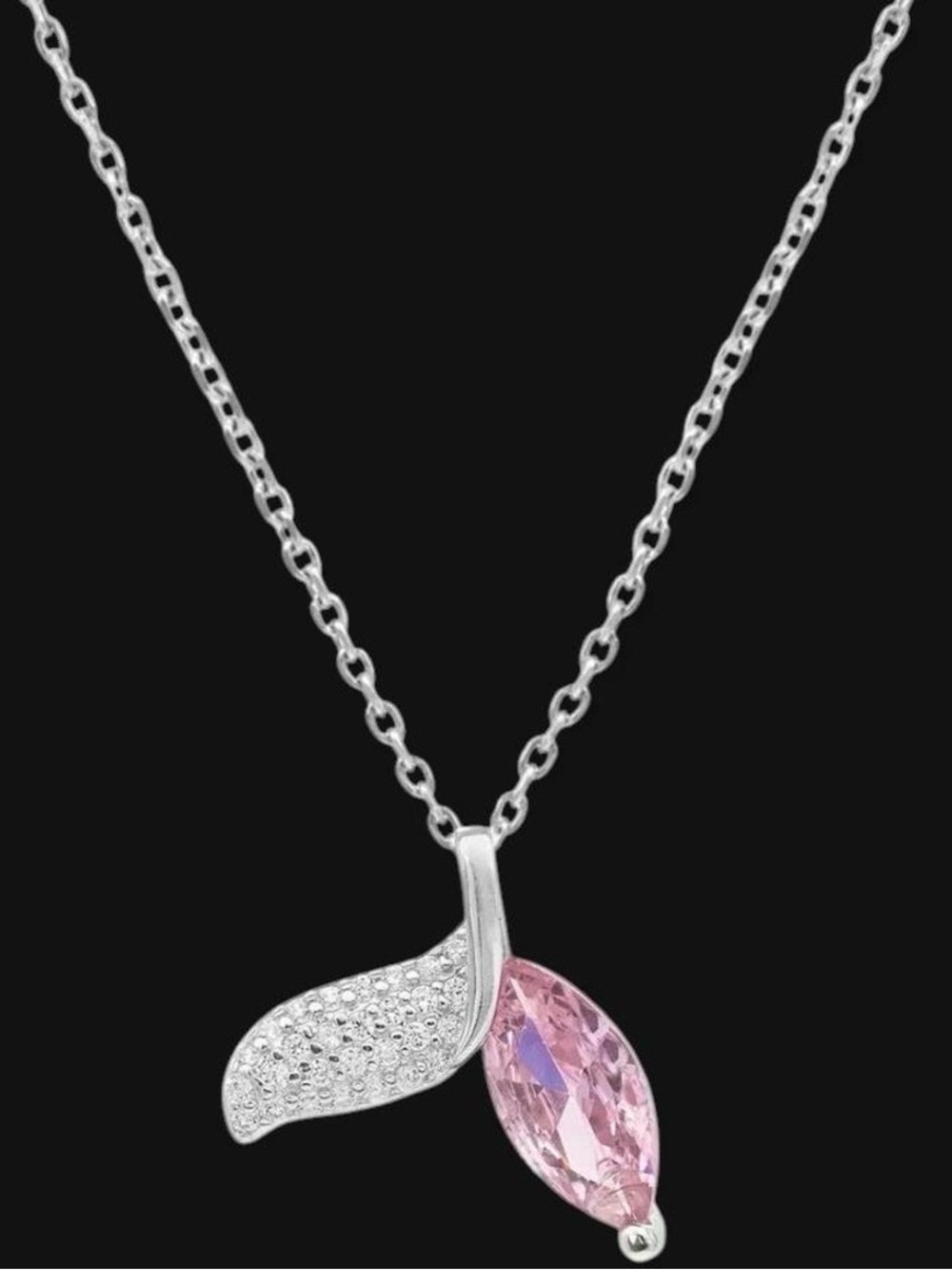 Silver Leaf Necklace with Pink Marquise Crystal Pendant